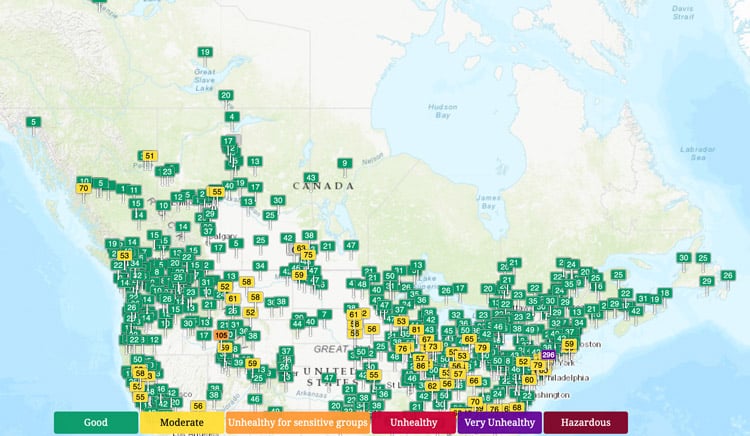 Air Quality Index map of Canada