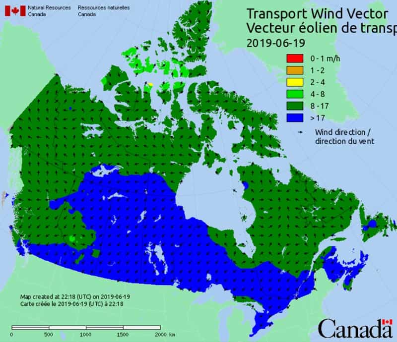 Map of prevailing wind in Canada