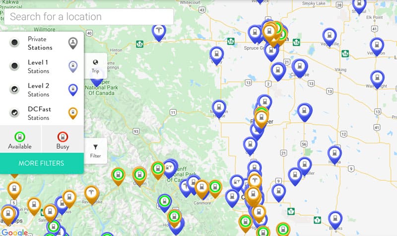 Map of EV charging stations in Alberta