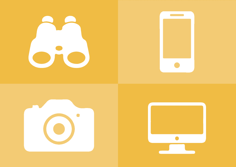 Infographic of citizen science, including binoculars, phone, camera and computer